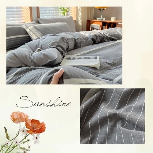 Modern Grey White Striped Duvet Cover Set TwinXL Size 3 Pieces Washed
