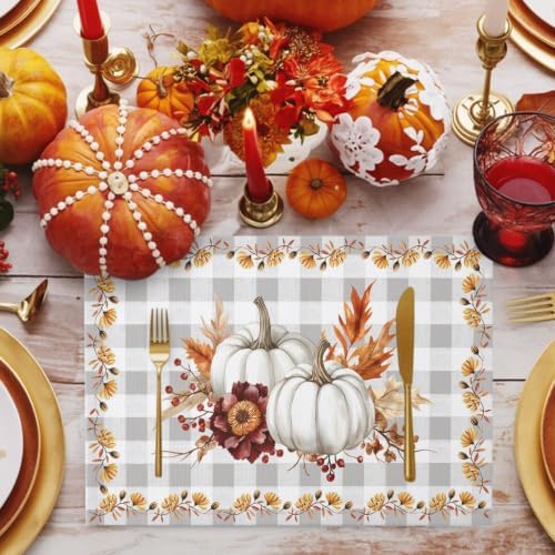 Grey Fall Placemats Set of 8,Cotton Linen Fabric Place