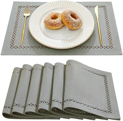 Farmhouse Burlap Place Mats, Grey Placemats Set of 6, 12 x 18 Inch