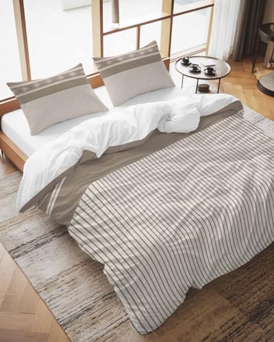 LooPoP Duvet Cover Set Queen Size Beige Stripes Comforter Sets