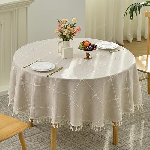 Lattice Embroidery Plaid Round Tablecloth with Tassel, Round 70 Inch