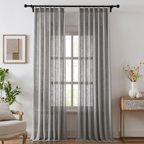 Pinch Pleated Linen Curtains for Living Room, Light Filtering Sheer
