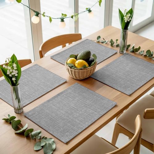 Grey Placemats Set of 8, Cotton Linen Fabric Place Mats, Farmhouse