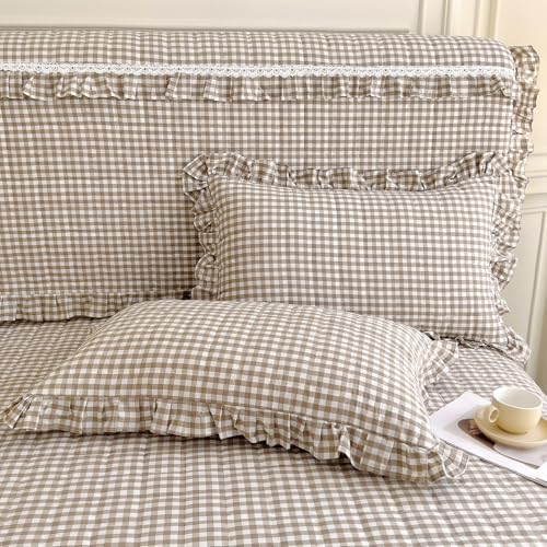 mixinni Tan Gingham Ruffle Duvet Cover Twin XL Size 3 Pieces – 100%