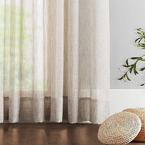 Beige Sheer Curtains 108 inches Long, Pinch Pleated Faux Linen Window