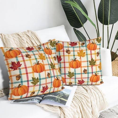 Leaves Plaid Decor Pillow Covers 22x22 Inch Set of 2 Linen for Fall