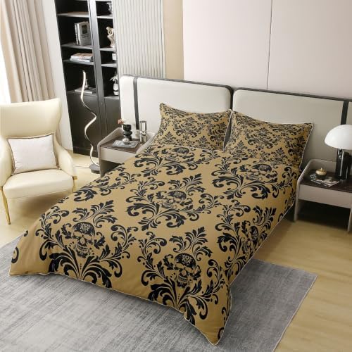 Castle Fairy Damask Skull 100% Cotton Duvet Cover Set Neutral Vintage
