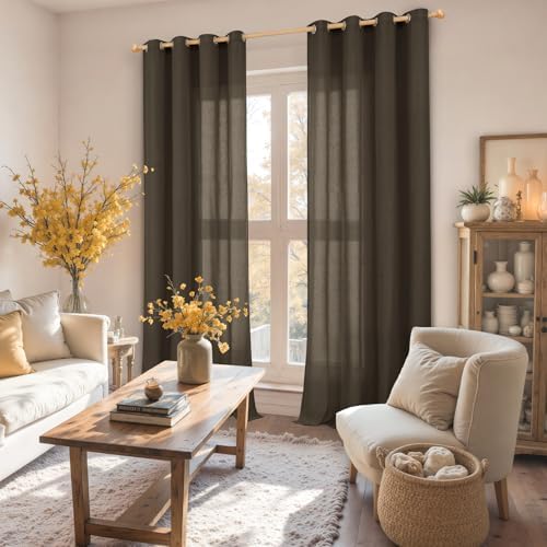 YoungsTex Extra Long Brown Linen Curtains 95 Inch Length for Living