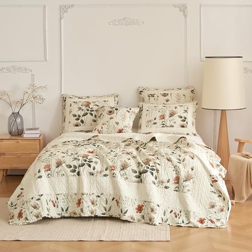 DaDa Bedding Enchanted Meadow Quilt Set Queen, Floral Bedspread Beige
