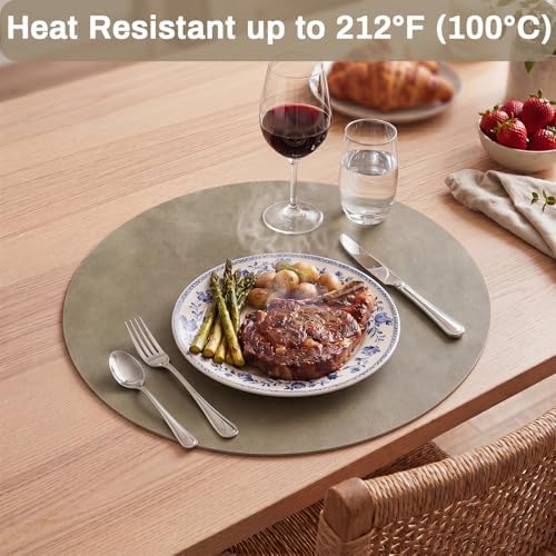 SHACOS Faux Leather 13" Round Placemats Set of 6 Heat Resistant, Khaki