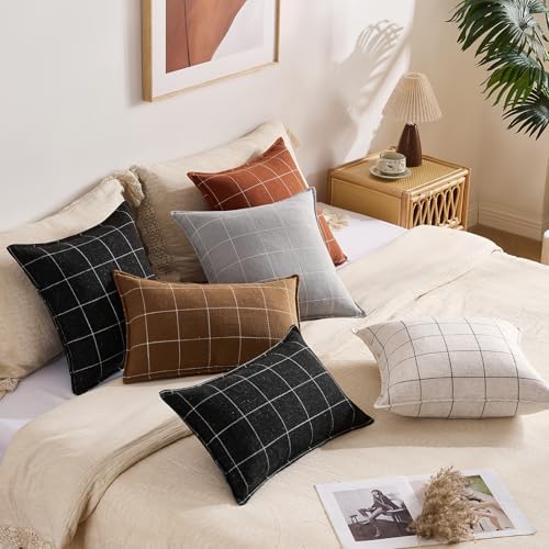 Grey Pillows Neutral Gray Plaid Linen Throw Pillow Covers 18x18 Set of