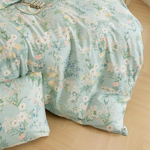 ECOCOTT Floral Duvet Cover Queen Size -3pcs Mint Blue Garden Flower