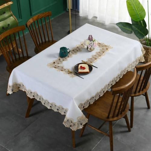 Farmhouse Table Cloth Round 70 inch, White Linen Look with Lace Trim