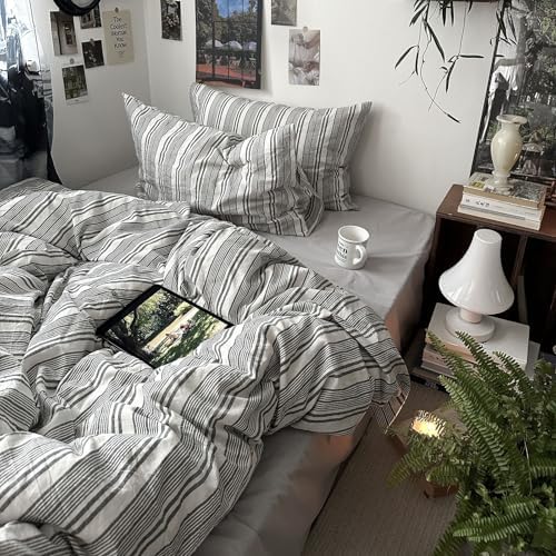 mixinni Vintage Gray & White Striped Duvet Cover Set - 3 Piece 100%