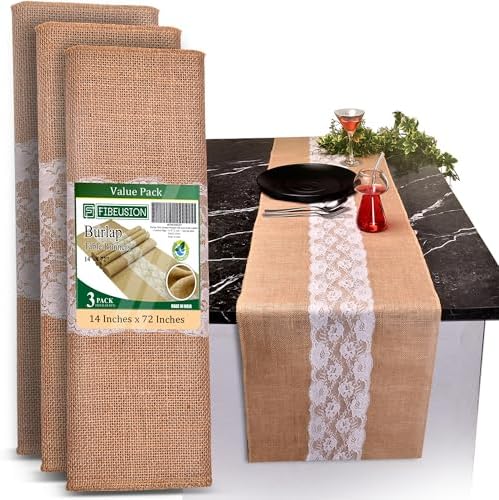 Burlap Lace Table Runner (Pack of 3) – 14”x 72” - No-Fray Finished