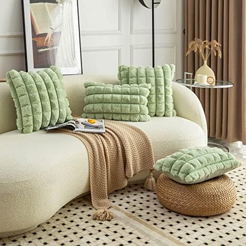 Neelvin Green Faux Fur Cozy Soft Plaid Decorative Throw Pillow Covers