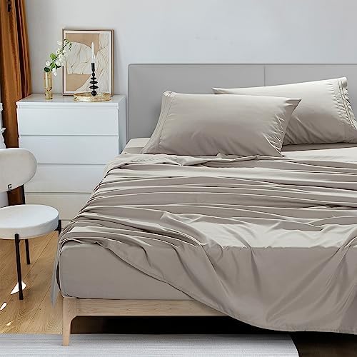 ESCA 4-Piece Taupe Sheet Set Queen Size with Flat Sheet, Fitted Sheet