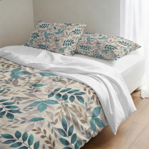 Teal Leaves Fall Duvet Cover Set 3 Pieces with Zipper Closure