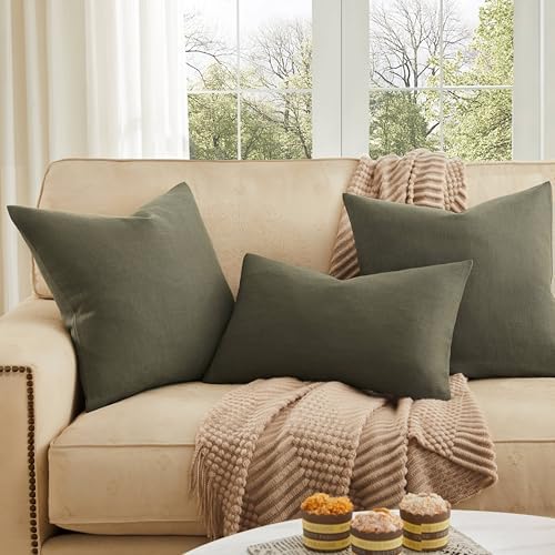 ZeeMart Rustic Linen Throw Pillow Covers Set of 2, Olive 22x22in