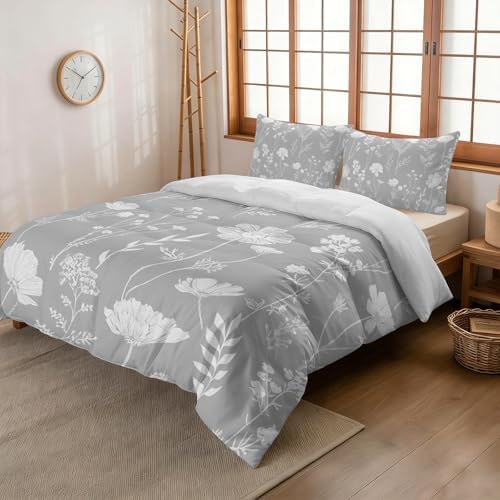 3 Pieces Bedding Set Queen Size, Grey Wildflowers Soft Duvet Covers