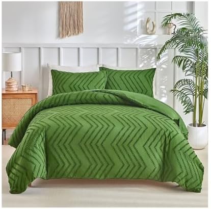 Bedding Set Green Boho Duvet Cover Set, 3Pcs Tufted Textured