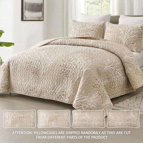 DJY Beige Quilt Set King Size - Branch Botanical Bedspread Coverlet