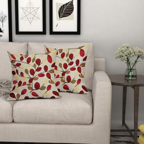 Boho Red and Cream Leaf Throw Pillow Covers 18x18 Inch Set of 2 Wine