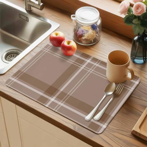 Placemats Set of 6, Minimalist Taupe Brown Plaid Faux Leather Placemat
