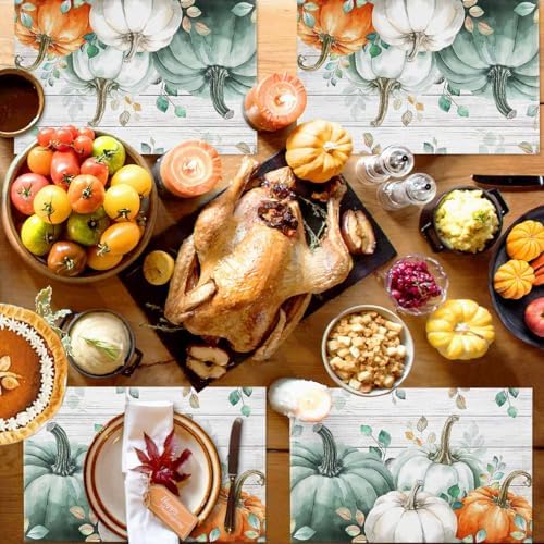 Placemats Set of 8, Country Thanksgiving Pumpkin Washable Table Mats
