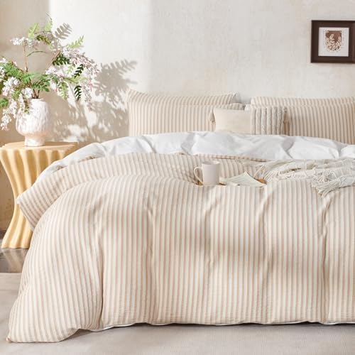 Striped King Duvet Cover Beige Washed Cotton Jacquard 3 Pieces Bedding