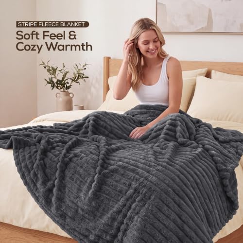 Utopia Bedding Fluffy Striped Fleece Blanket Grey Queen, 90x90 Inches