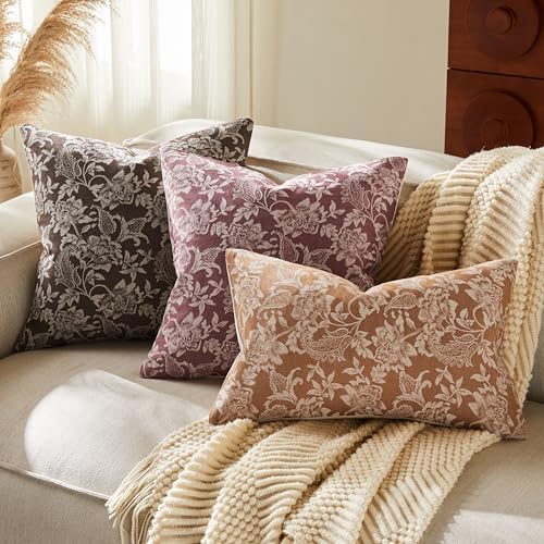 Floral Jacquard Throw Pillow Covers Set of 2, Background/Chocolate