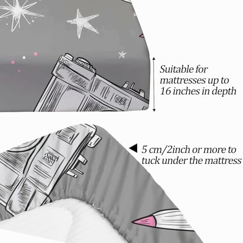 Fitted Sheet Set 3 Pieces Twin XL Size Simple Heart Camera White Gray