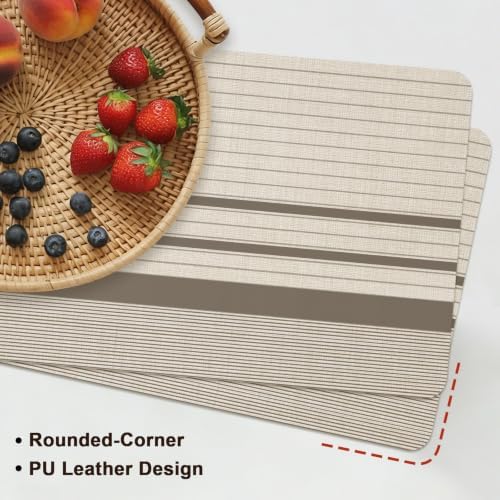 Placemats Set of 6, Minimalist Taupe Beige Striped Faux Leather