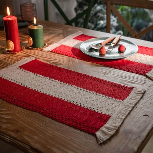 Set of 4 Placemats Woven Striped Tassels Cotton and Linen for Kitchen