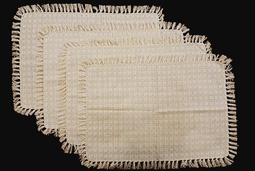 Set of 4 Placemats, Natural/Ivory Woven Fringed,100% Cotton, Size
