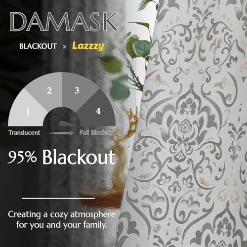Lazzzy Gray Damask Blackout Curtains 63 Inch Length, Grey Floral