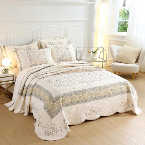 vctops Elegant Embroidered Quilt Set Farmhouse Patchwork Reversible