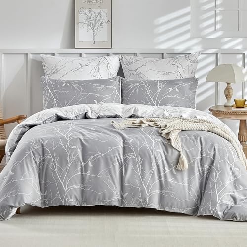 Lekesky Reversible Duvet Cover Queen Size, Grey White Branch Comforter