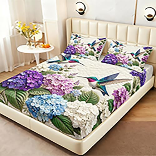 AILONEN Queen Fitted Sheet Set 3 Piece, Blue Blossom Hummingbird