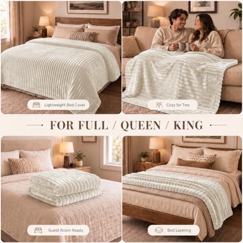 HIMEET Beige King Size Blanket for Bed, 300GSM Ribbed Fleece