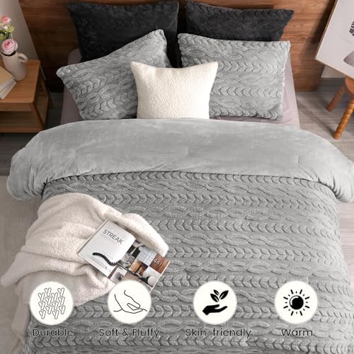 PHF Fluffy Sherpa Fleece King Comforter Set, Grey