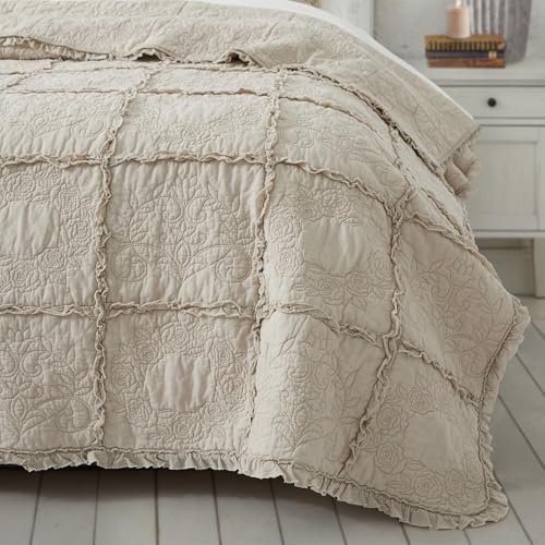 HORIMOTE HOME 100% Cotton Ruffle Quilt Set King Size, Beige Farmhouse