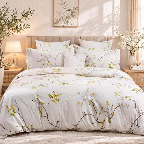 FADFAY White Floral Duvet Cover Set 100% Cotton Farmhouse Bedding with