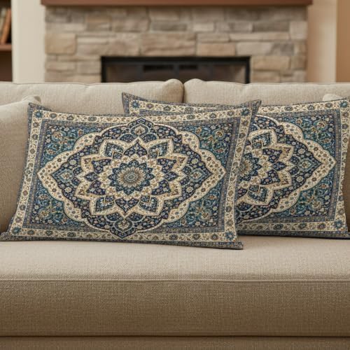 Boho Traditional Throw Pillow Covers, Navy Gold Cream Floral Pattern
