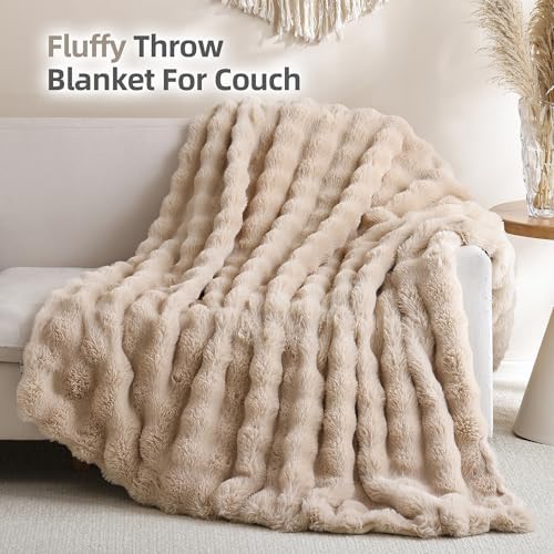 Smoofy Faux Rabbit Fur Throw for Couch - Linen Bubble Blanket 60"x80"