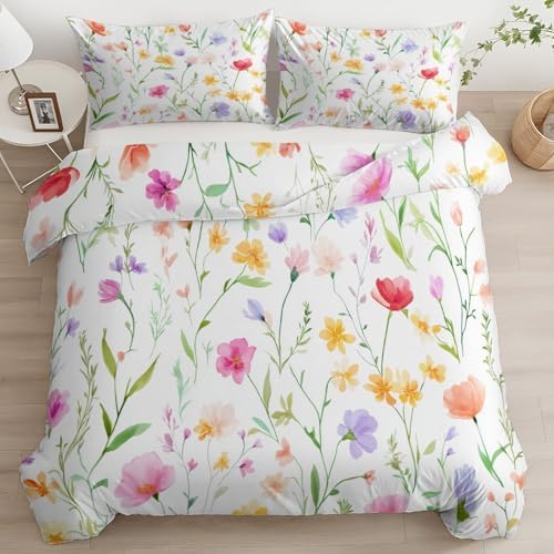 California King Duvet Cover Set Cheerful Wildflower Pattern Soft