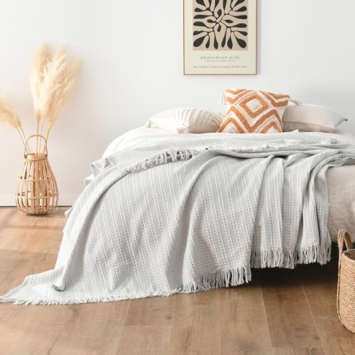 100% Cotton Waffle Queen Blanket with Fringe 90"x90", Pre-Washed