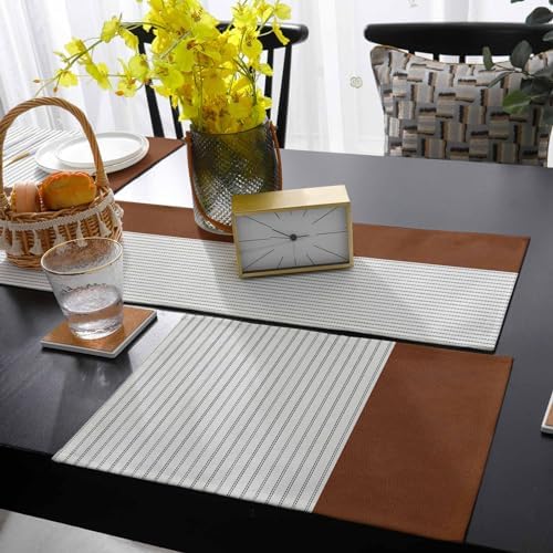 Boho Brown Table Mats Set of 6 With Table Runner 90 Inches Long,Linen