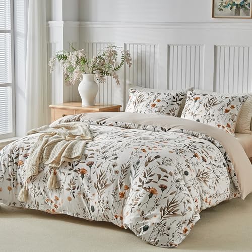 Lekesky Reversible Duvet Cover Queen Size 3-piece, Khaki Floral